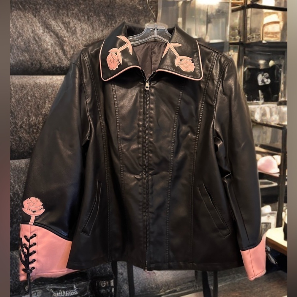 NEW Women's Oversized Faux Leather Jackets Embroidered Zip Up Motorcycle Coat
